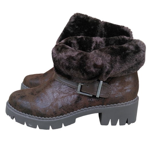 LFL By Lust For Life 7.5 Brown Faux Fur Buckle Snap Chunky Metallic Brown Boots - Picture 7 of 16